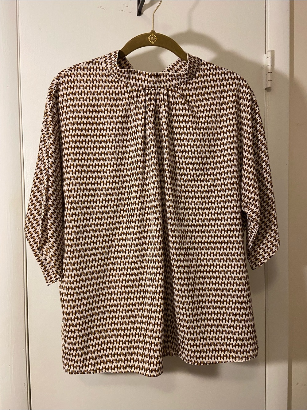 Mock Neck Patterned Blouse in Ivory and Brown